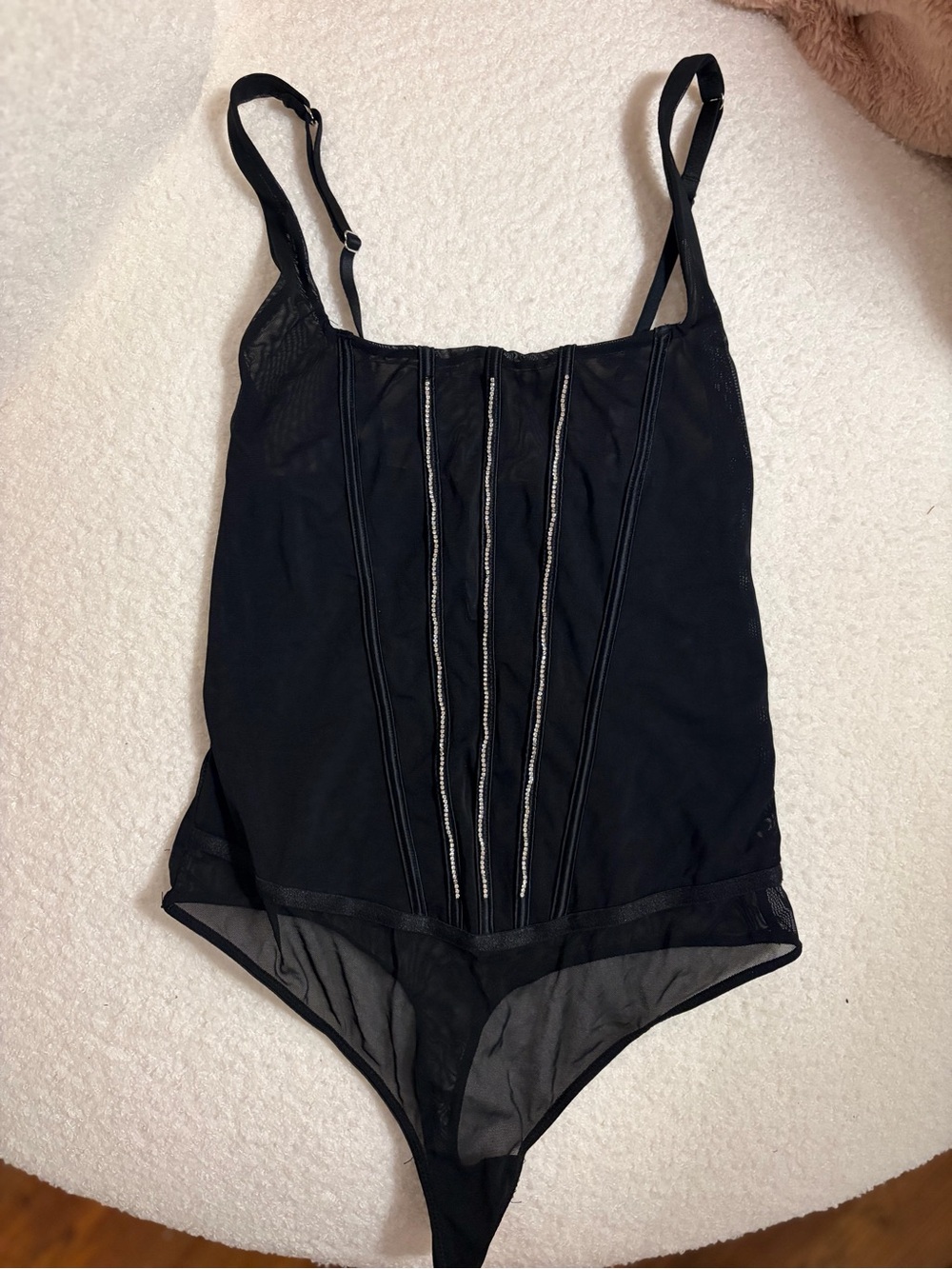 Black Sheer Mesh Bodysuit with Decorative Boning